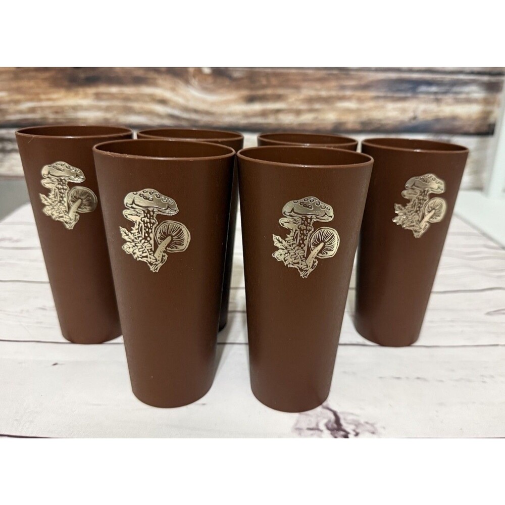 6 Vintage MCM Nasco Brown Plastic Merry Mushroom Drinking Cups Set 70's New